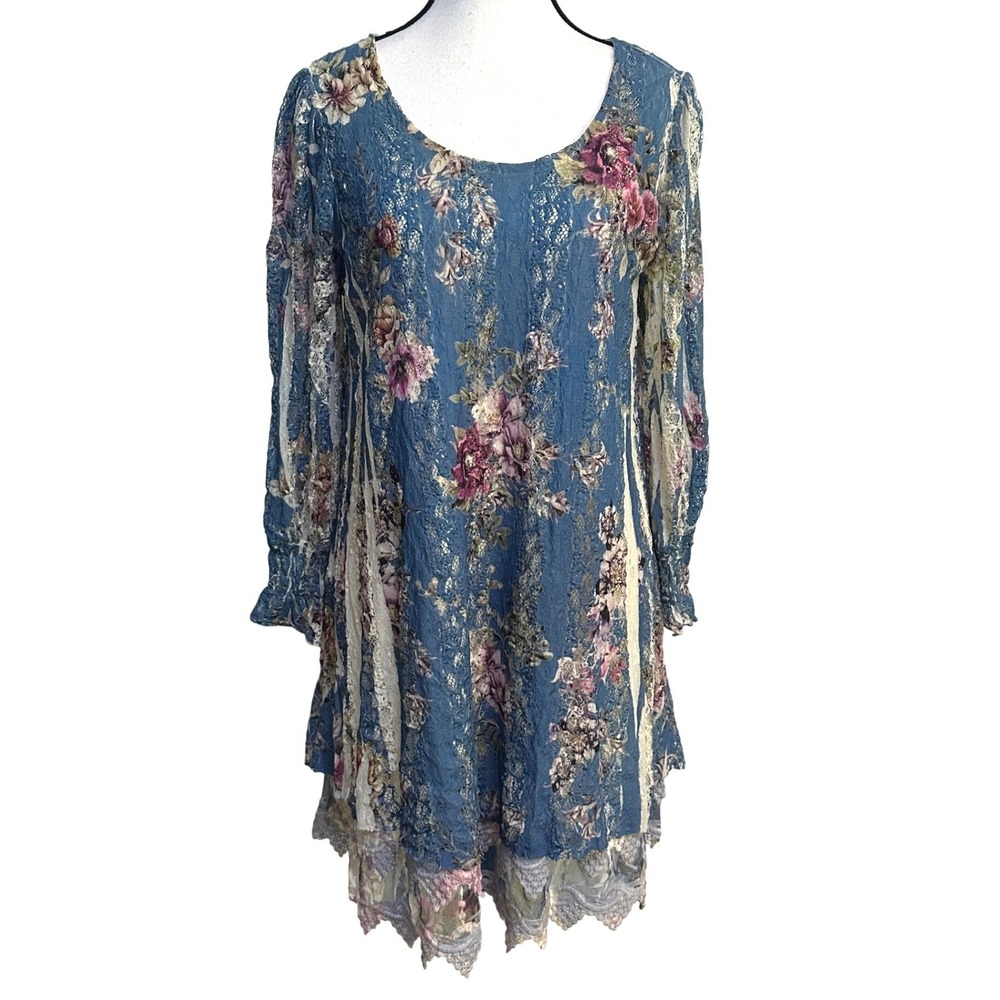 Origami by Vivian Floral Lace Tunic Dress M Blue Pink Fairycore Cottagecore Boho